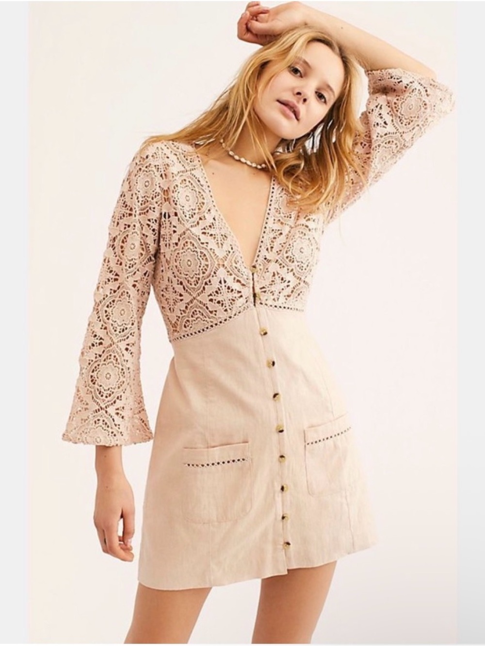Free People Shrimpton Crochet Lace-Top Button Front Mini Dress in Blush